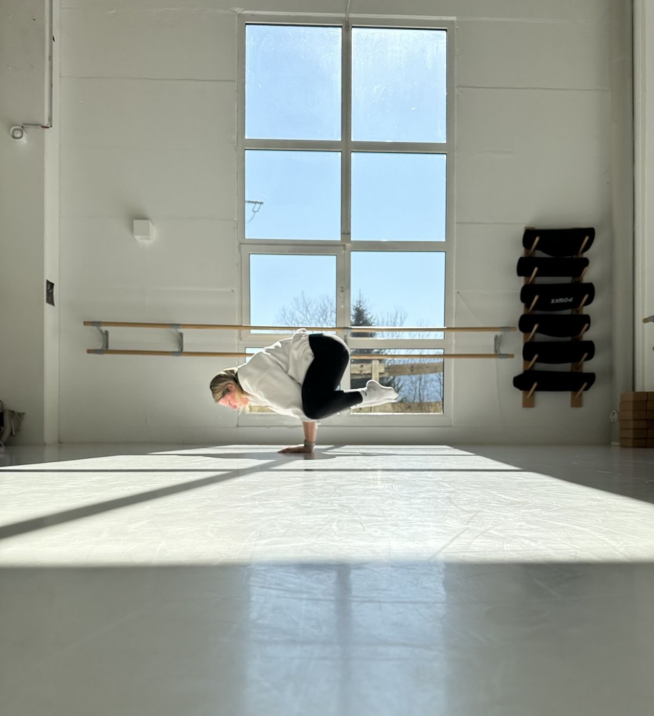 Katharina in der Krähe, im Armstütz vor dem grossen Studiofenster